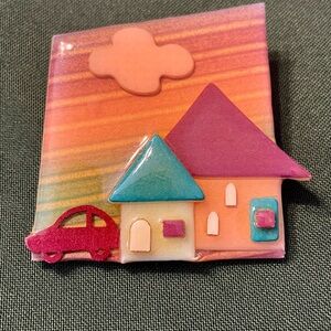 Vintage “House Pins” Brooch Pin Signed by Lucinda. 3 D Enamel Houses and Car